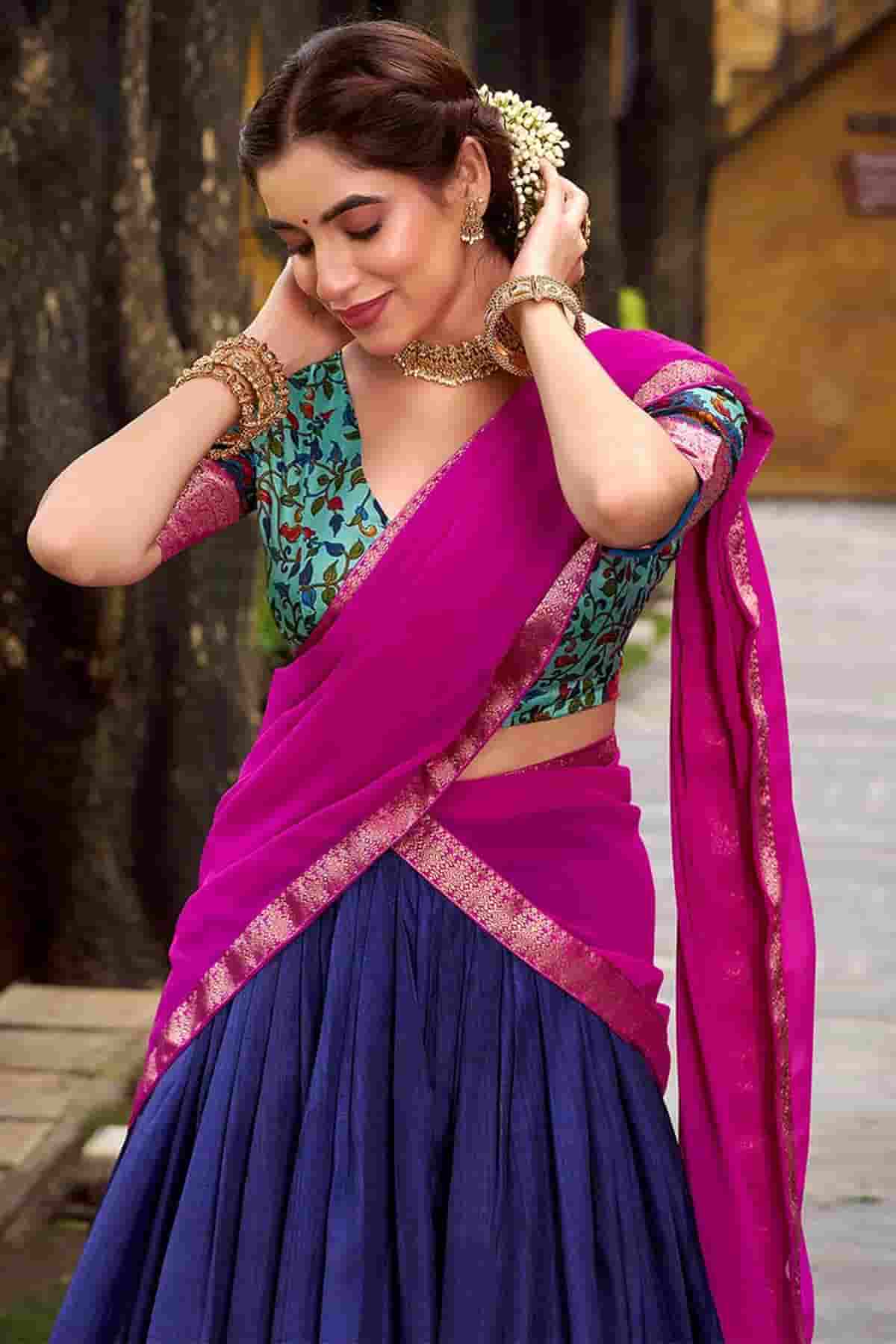 Aastha Silk Printed Zari Woven Work Stitched Lehenga Choli In Blue Colour