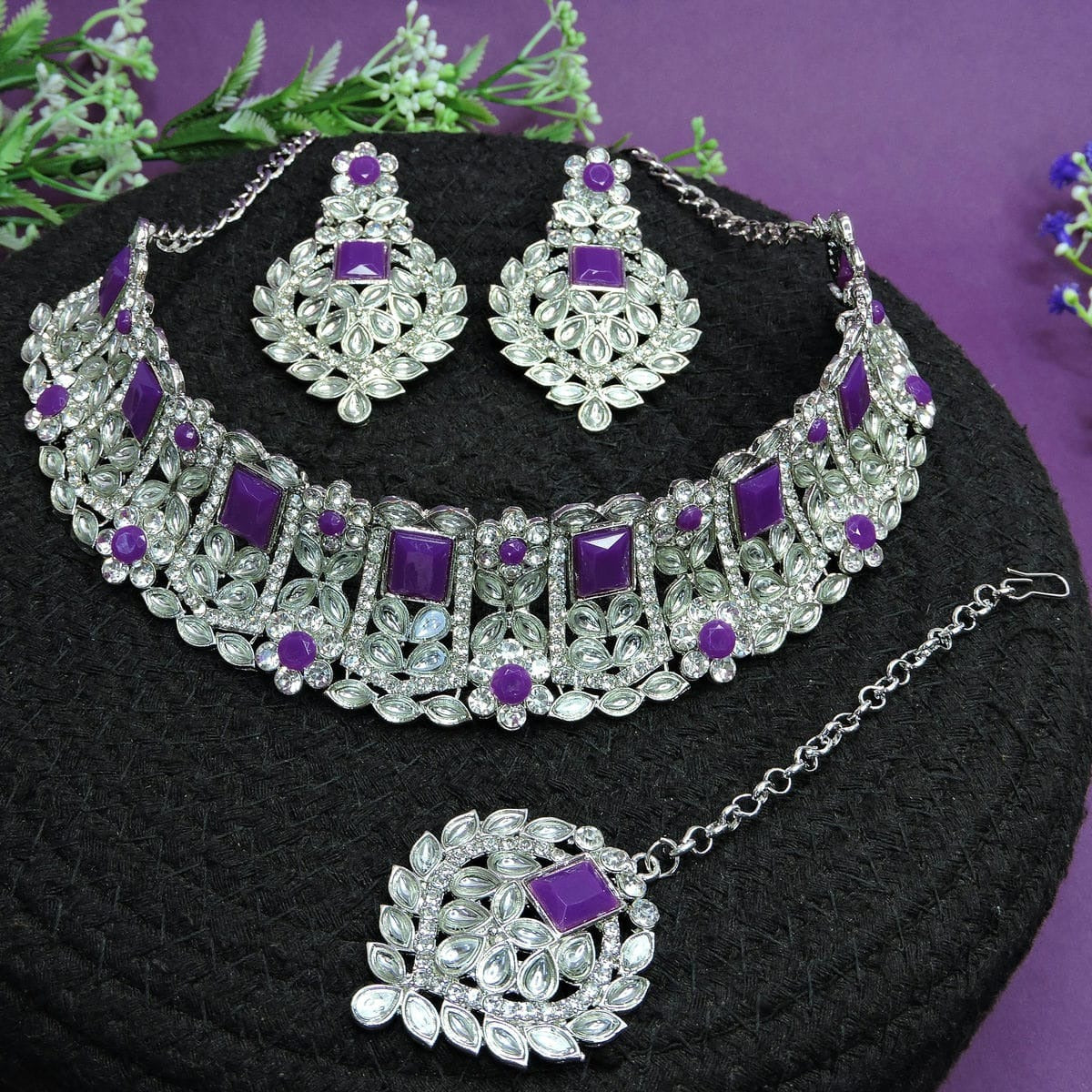 Alloy Choker Necklace Set In Purple Colour NS1250030