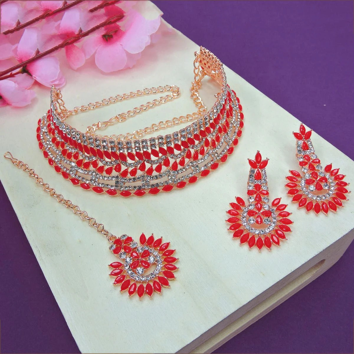 Alloy Choker Necklace Set In Red Colour NS1250011