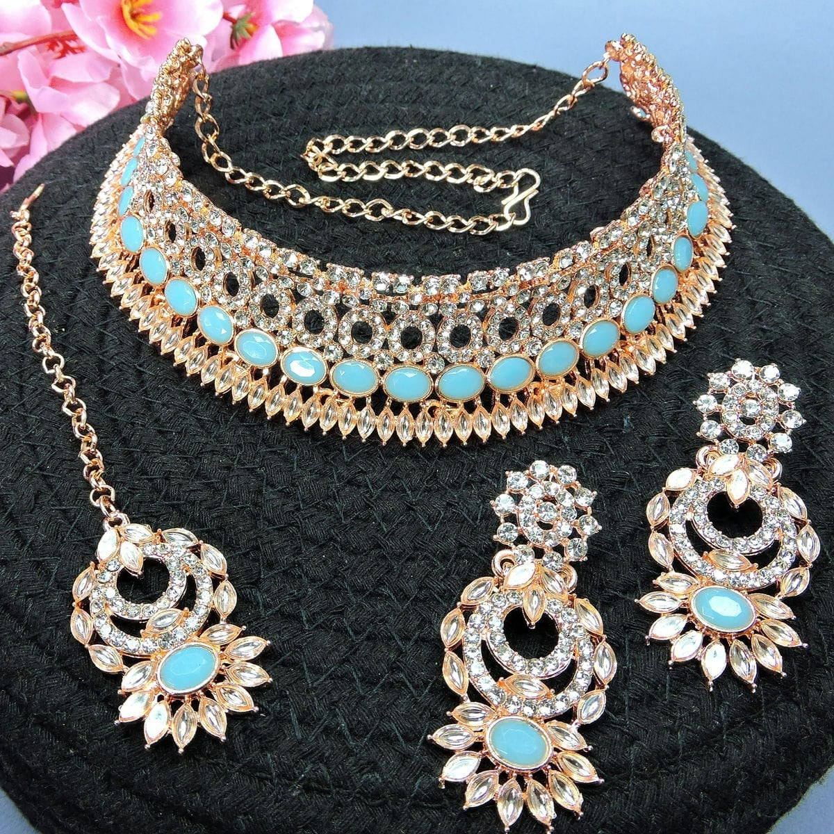 Alloy Choker Necklace Set In Sky Blue Colour NS1250112