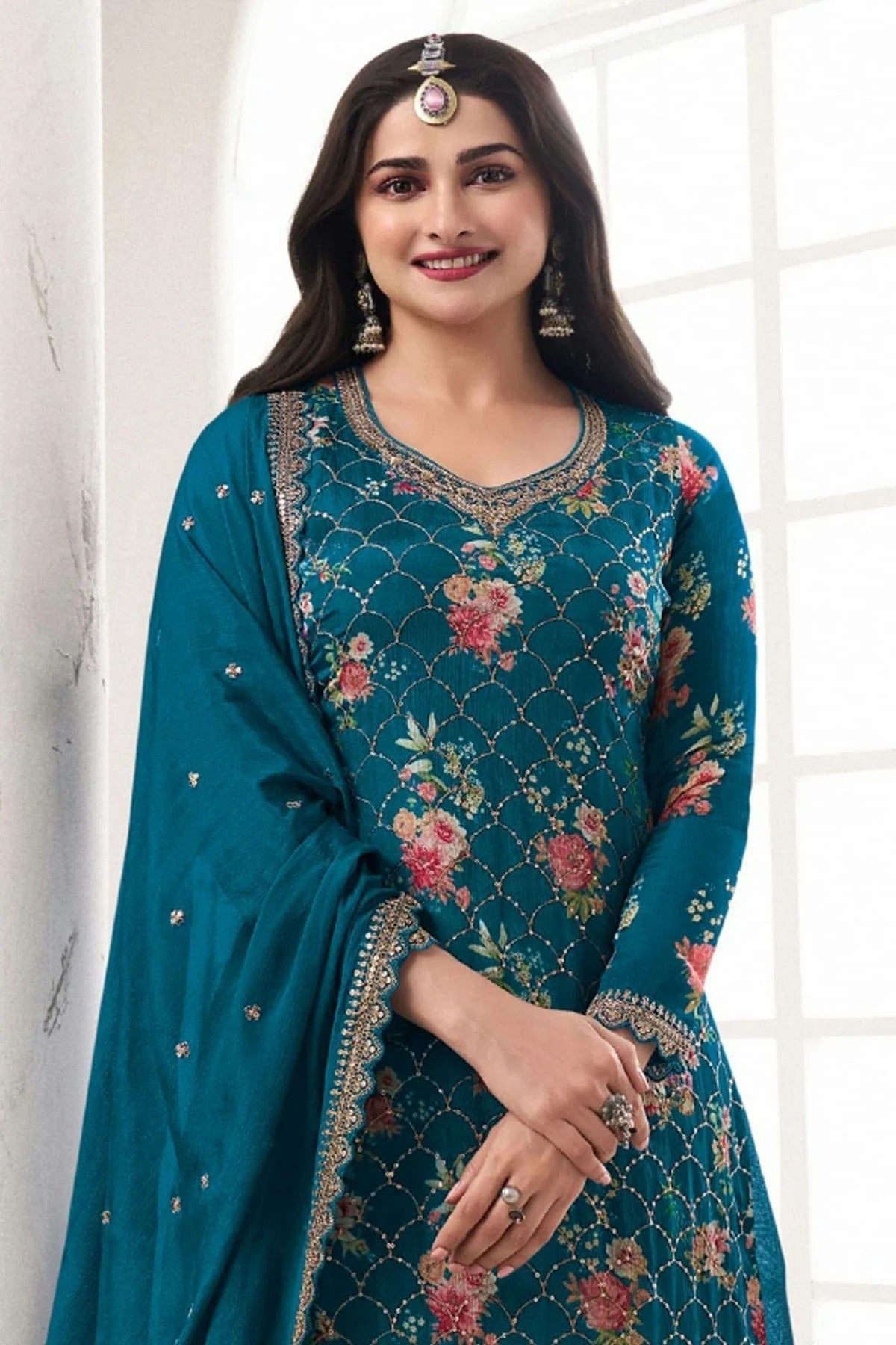Aqua Blue Colour Chinon Sharara Suit SM1110672 A
