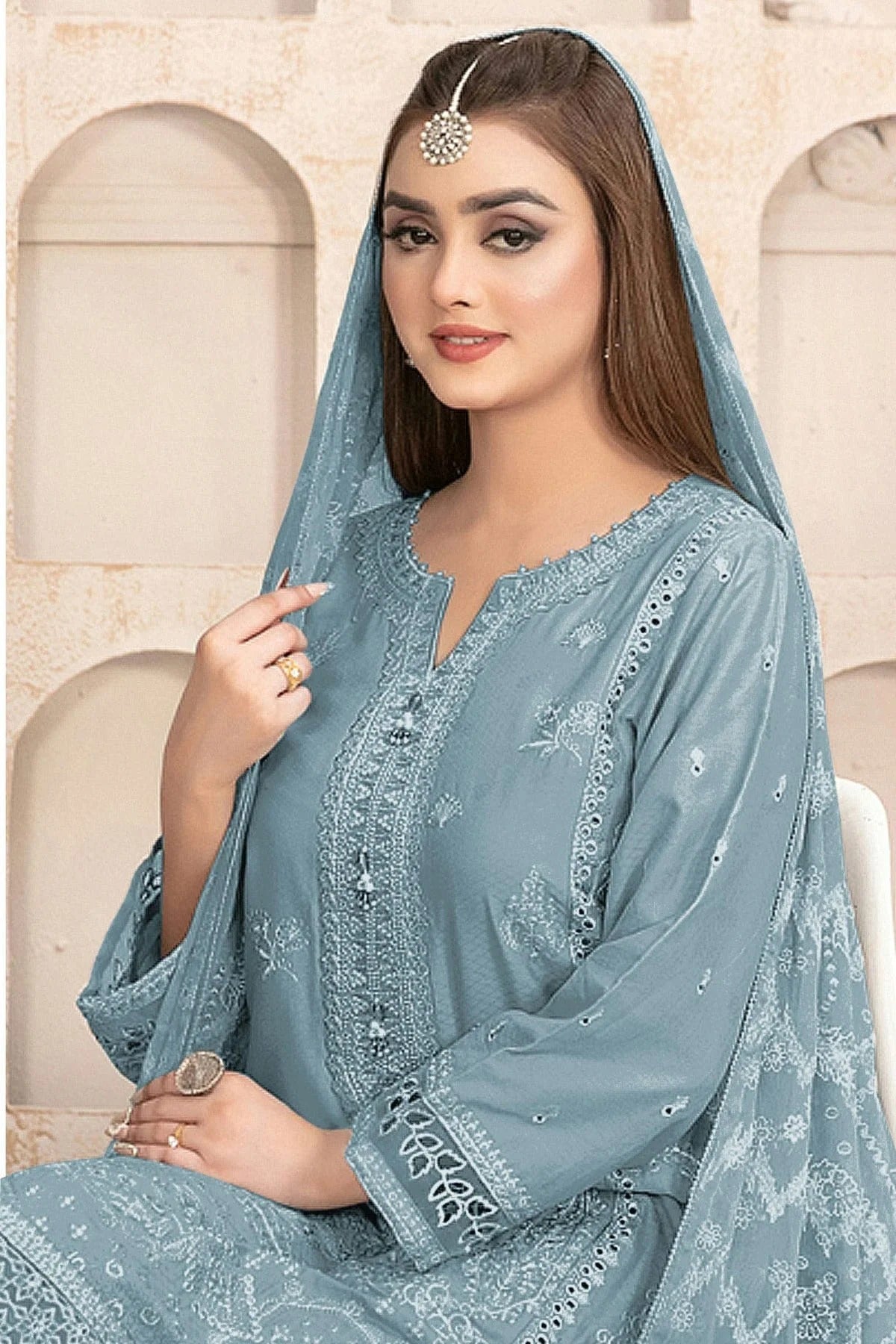 Aqua Blue Colour Semi Stitched Faux Georgette Pakistani Suit SM1140187 A