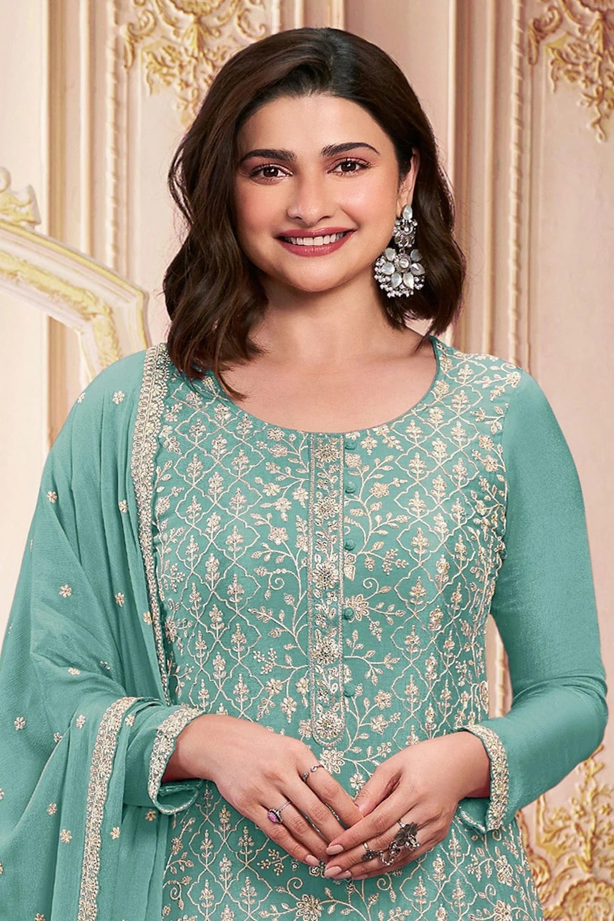 Aqua Blue Colour Semi Stitched Faux Georgette Pant Style Suit SM1140284 A