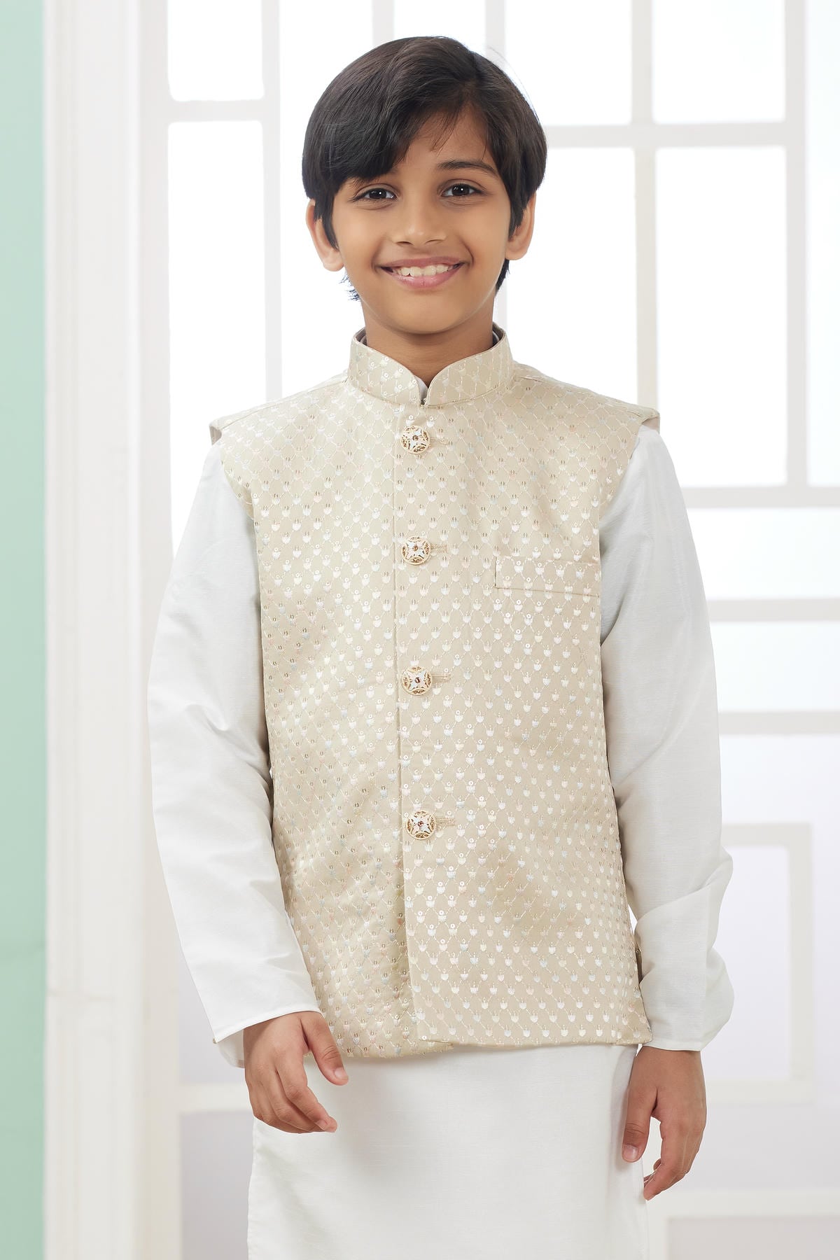 Art Silk Beige Cream Colour Thread Embroidery Work 3 Pcs Jacket Set