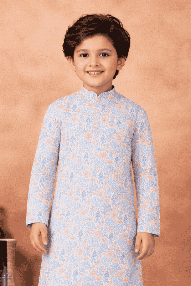 Art Silk Blue Colour Pintux Work Kids Kurta Pajama