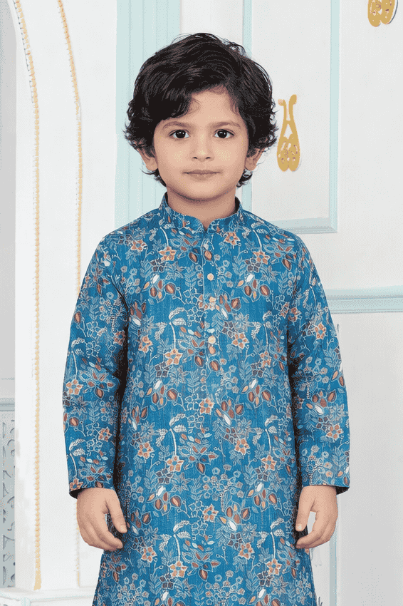 Art Silk Blue Colour Pintux Work Kids Kurta Pajama