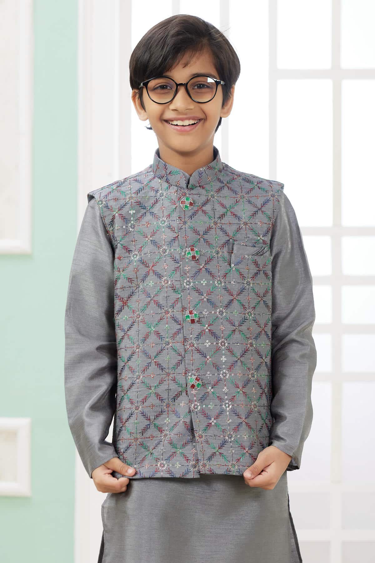 Art Silk Dark Grey Colour Thread Embroidery Work 3 Pcs Jacket Set