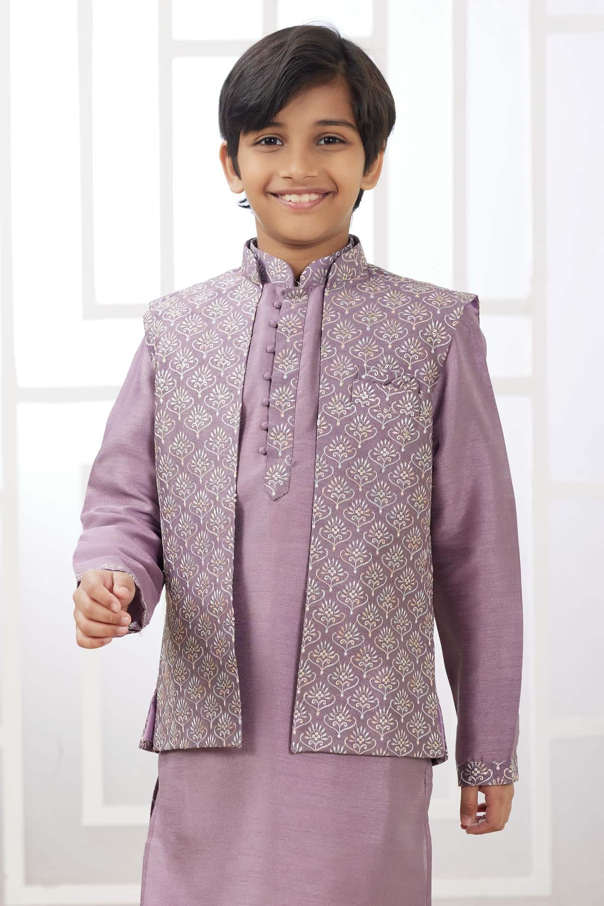 Art Silk Dark Onion Colour Thread Embroidery Work 3 Pcs Jacket Set