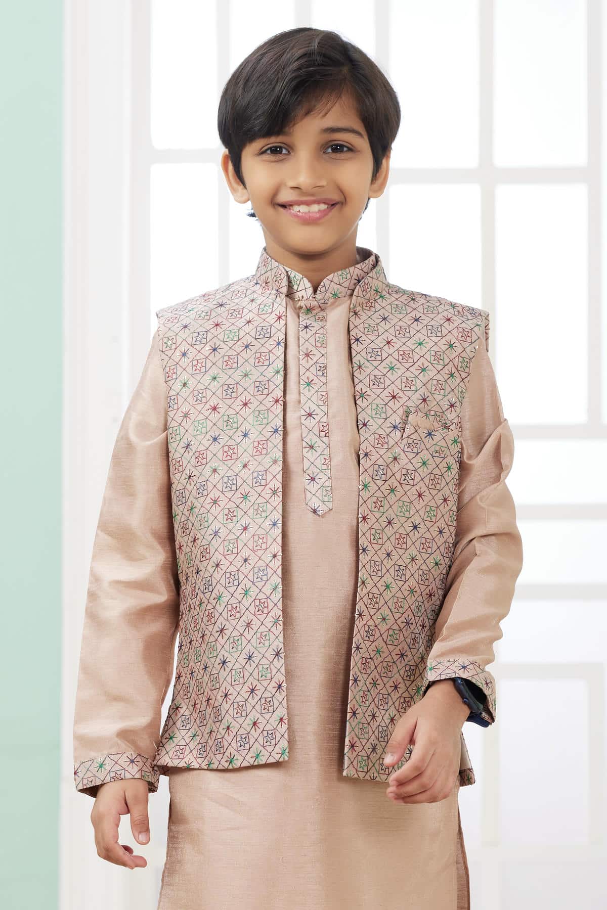 Art Silk Dusty Peach Colour Thread Embroidery Work 3 Pcs Jacket Set