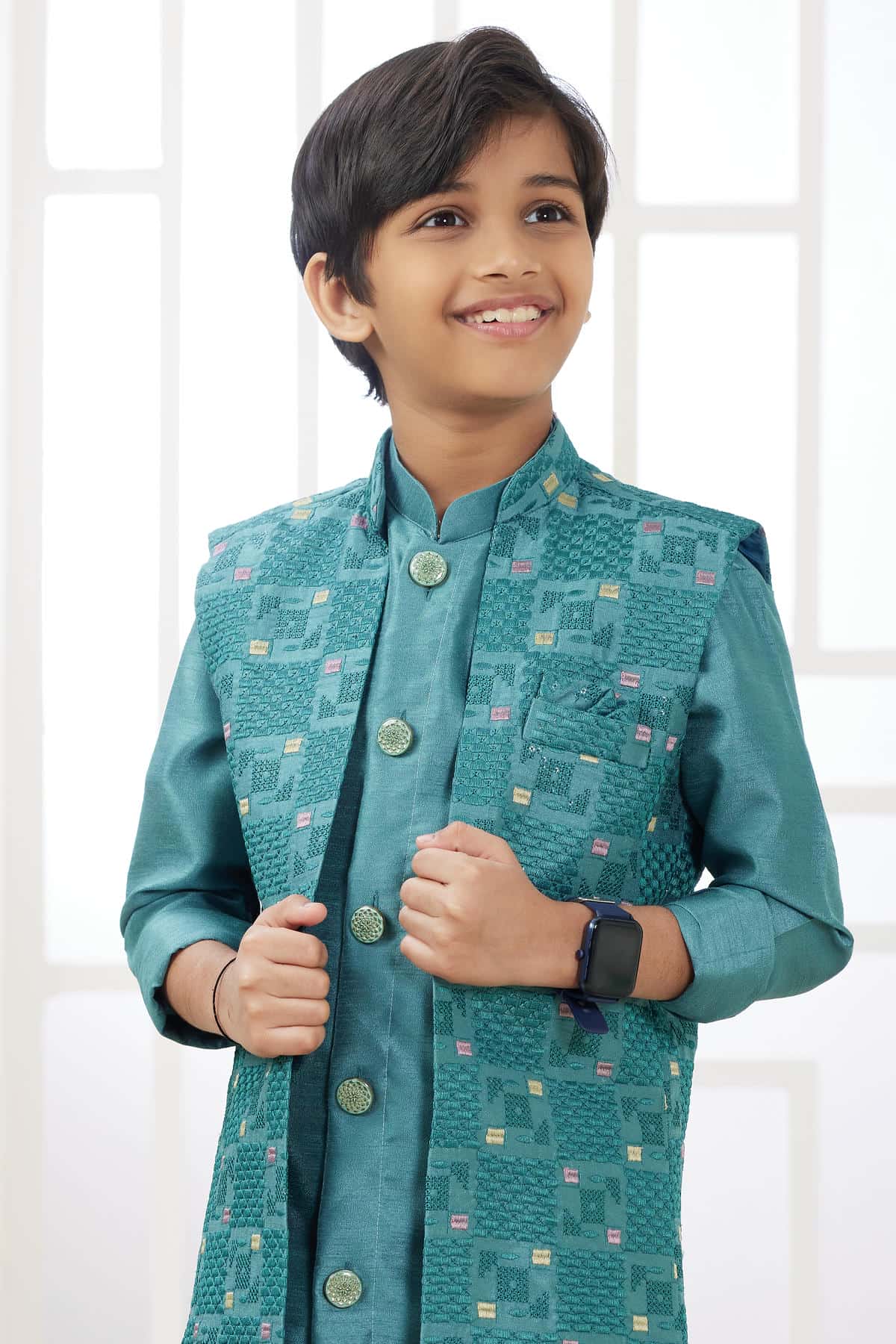 Art Silk Green Colour Thread Embroidery Work 3 Pcs Jacket Set