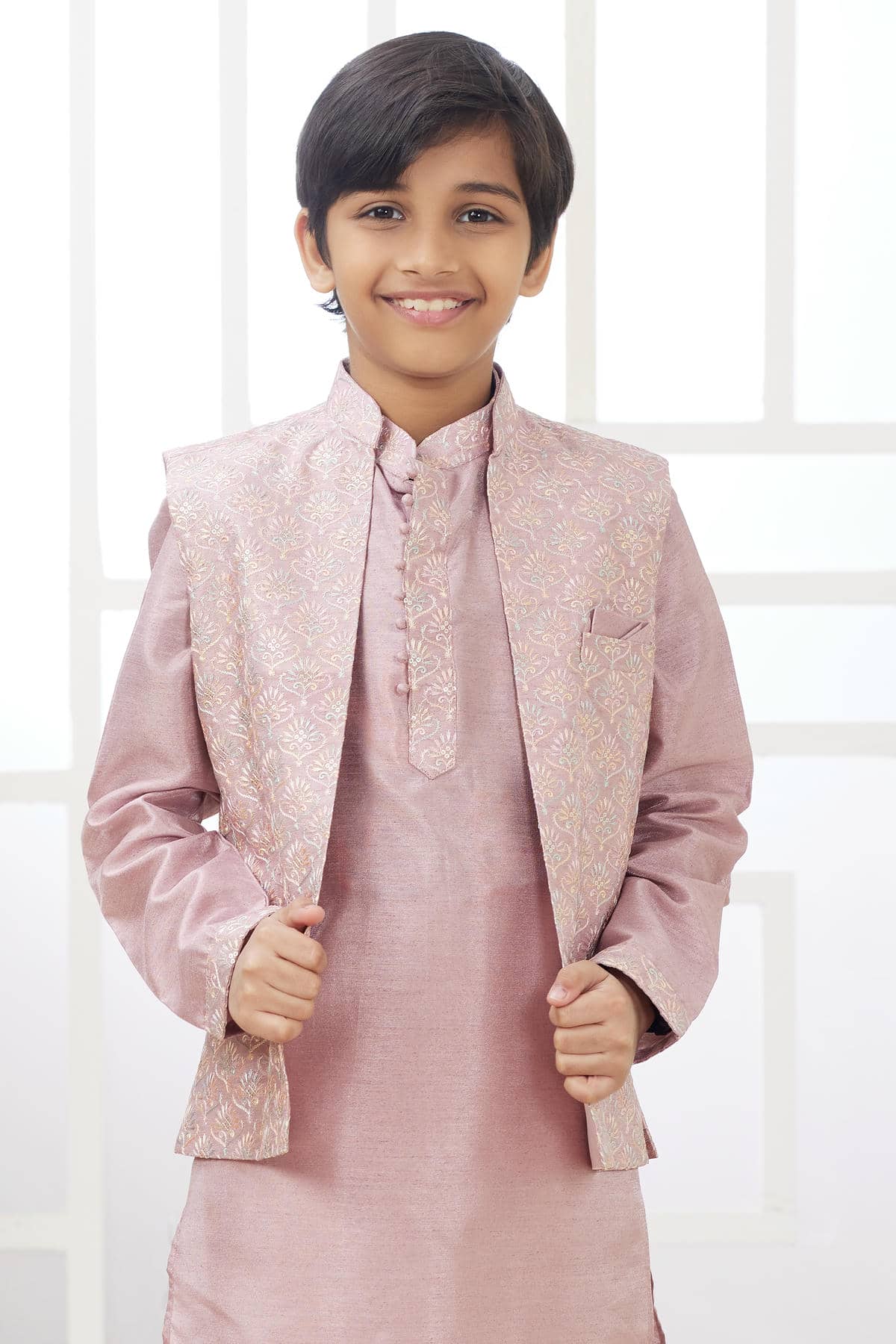 Art Silk Onion Colour Thread Embroidery Work 3 Pcs Jacket Set