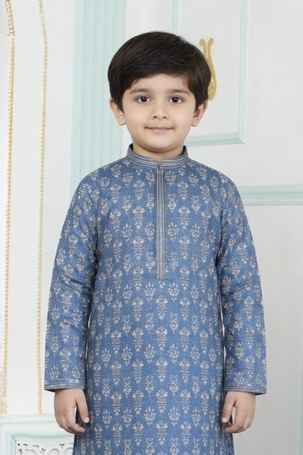 Art Silk Pintux Work Blue Colour Kids Kurta Pajama