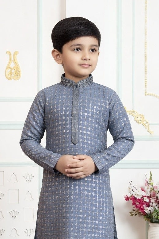 Art Silk Pintux Work Grey Colour Kids Kurta Pajama