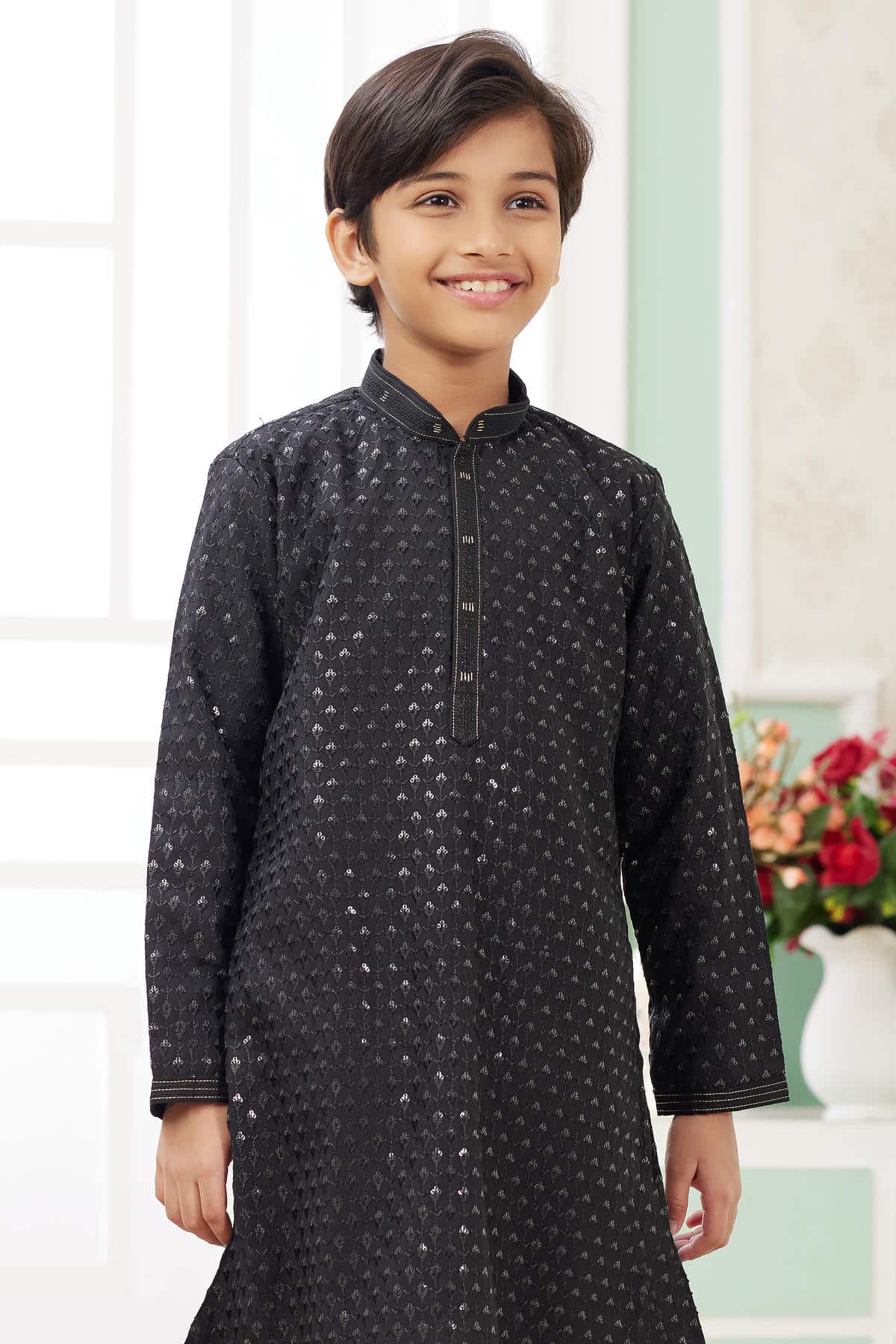 Art Silk Thread Embroidery Work Black Colour Kurta Pajama