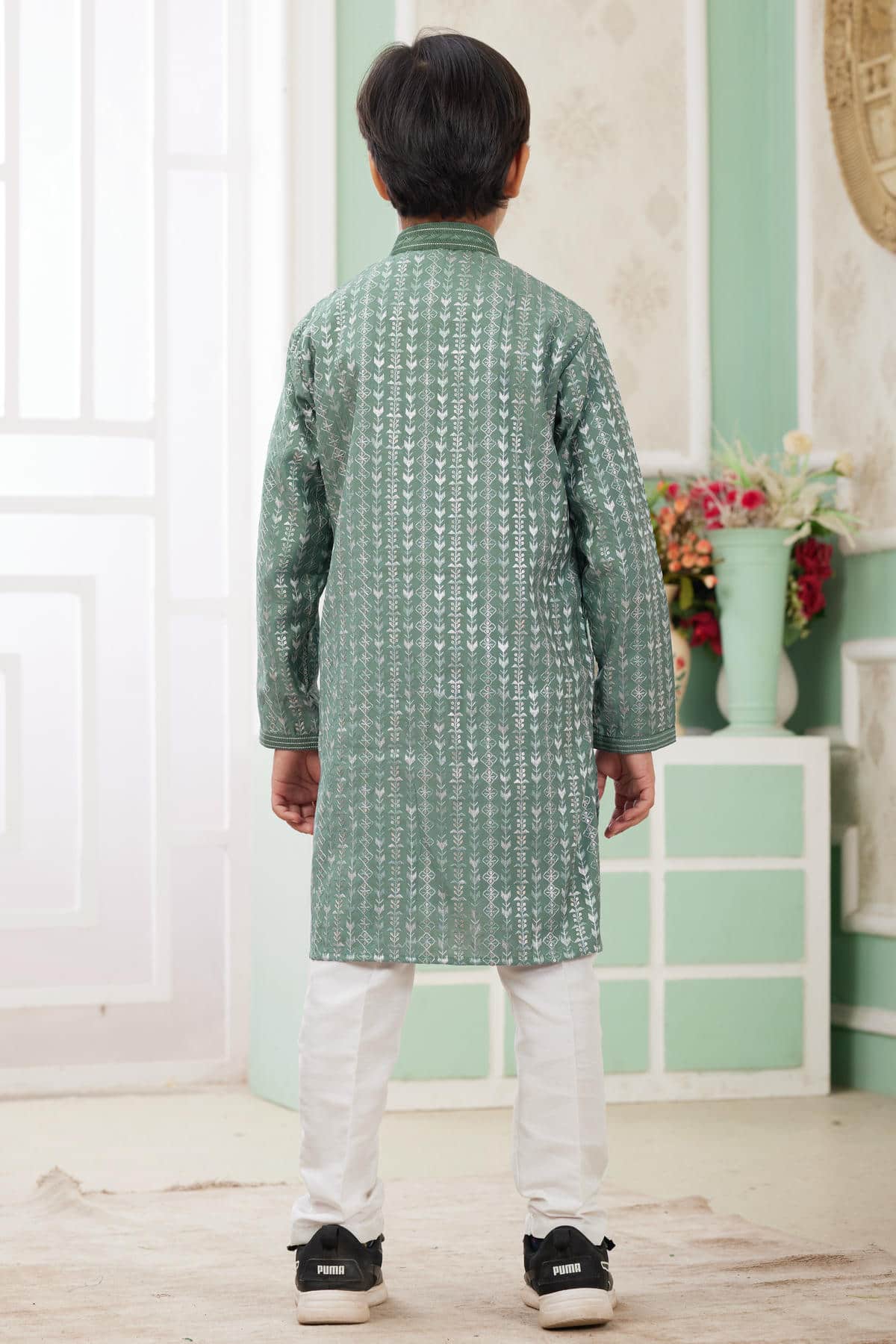 Art Silk Thread Embroidery Work Green Colour Kurta Pajama