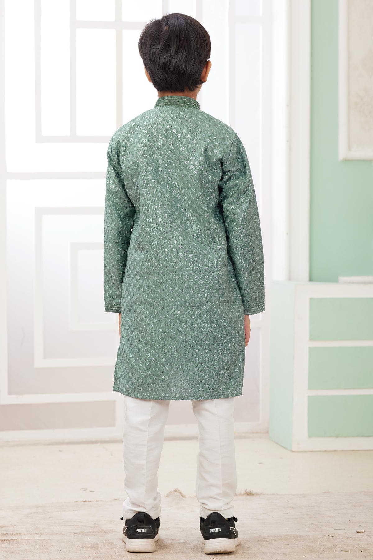 Art Silk Thread Embroidery Work Green Colour Kurta Pajama
