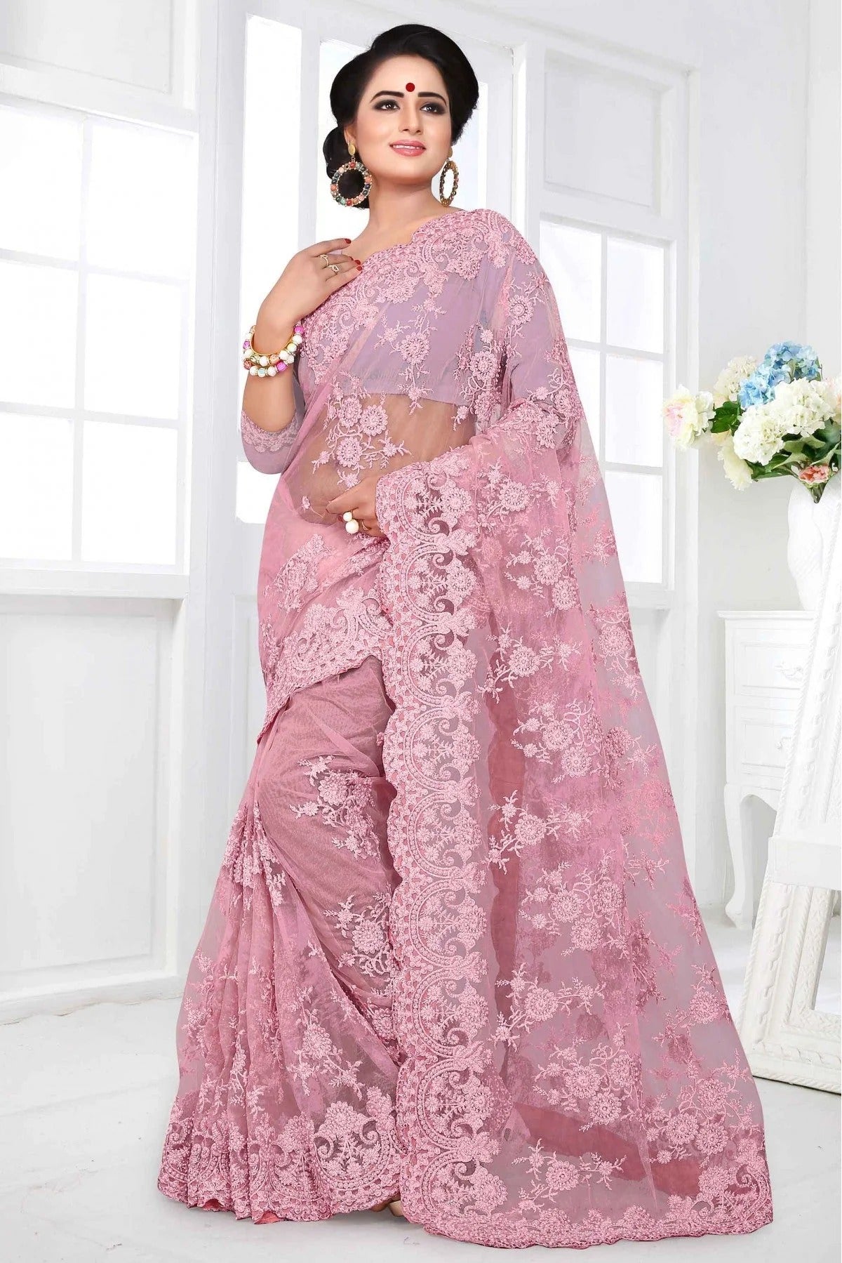 Baby Pink Colour Net Designer Saree SD1090027