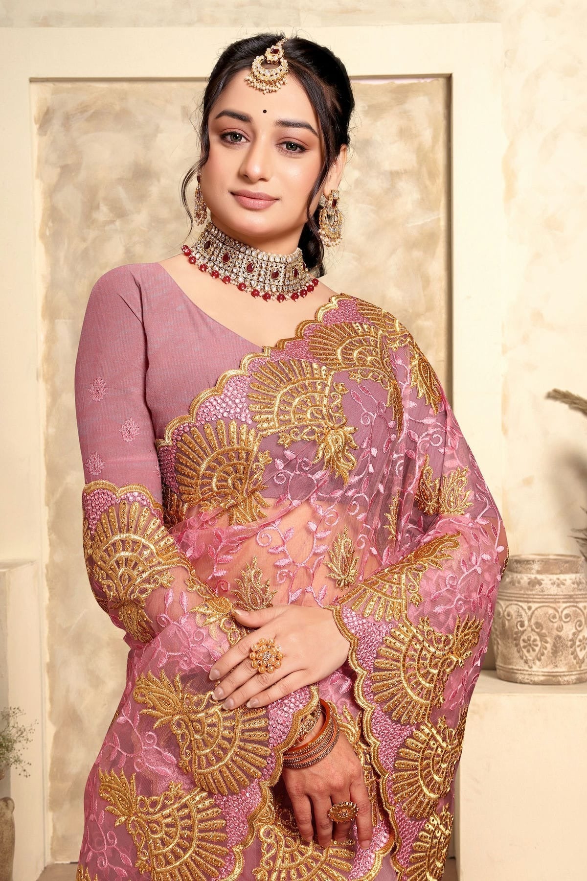Baby Pink Colour Net Saree SD1090986 A