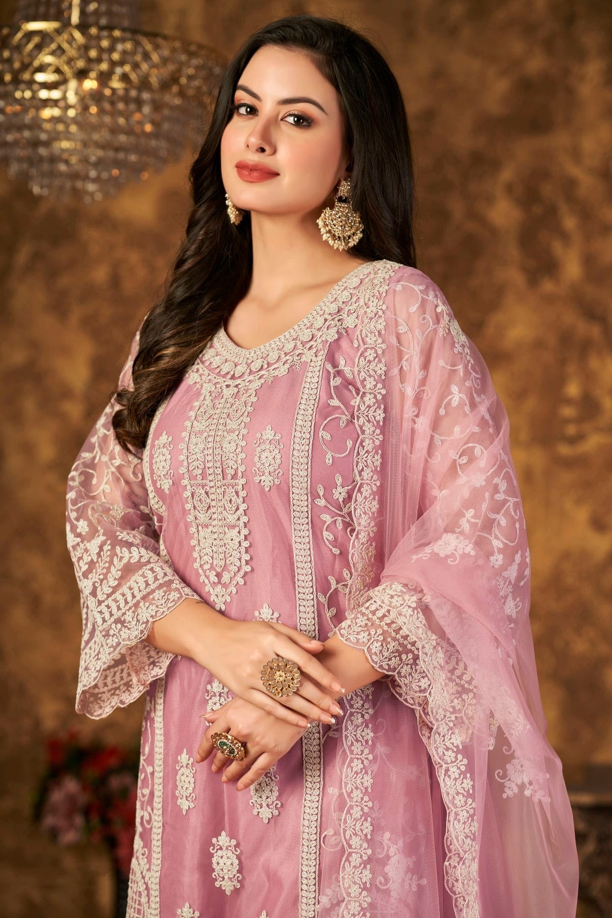 Baby Pink Colour Plazoo Pant Suit Net Semi Stitched SM1050528 A