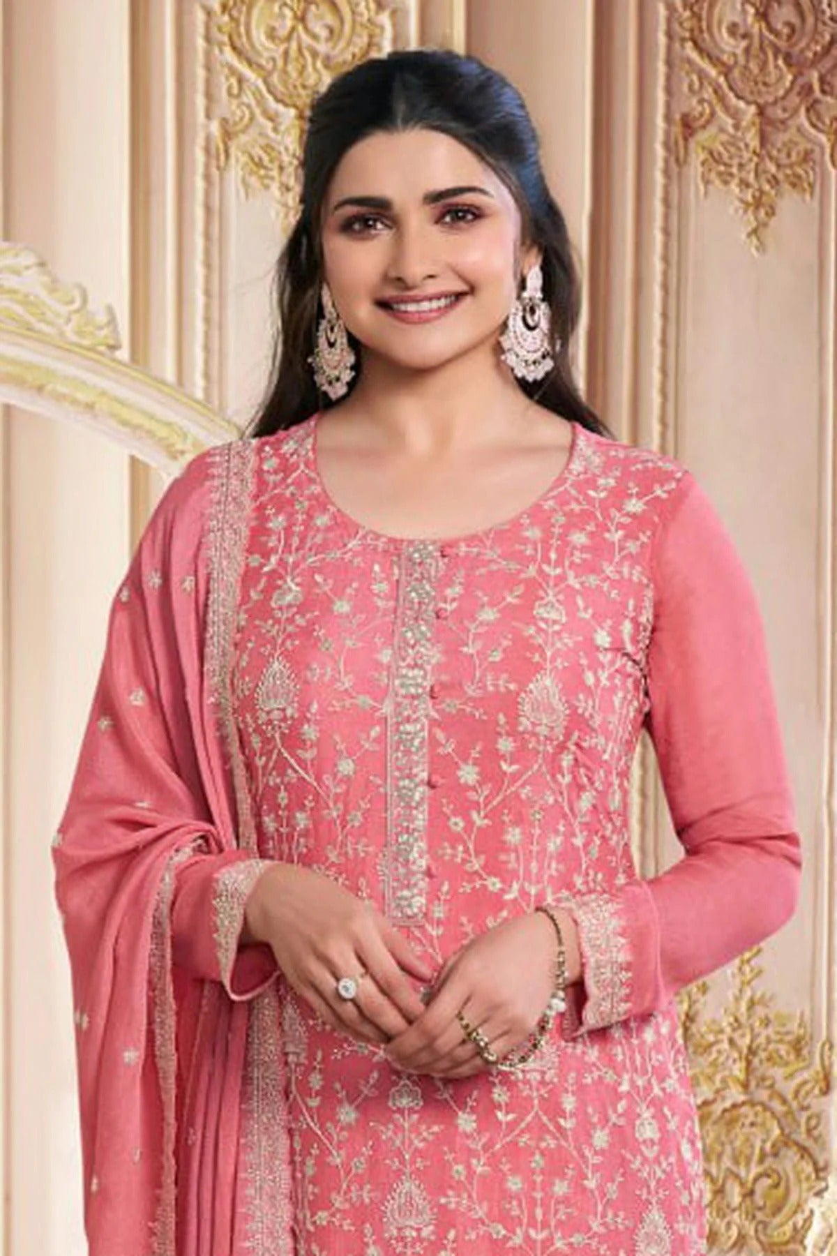 Baby Pink Colour Semi Stitched Chinon Silk Pant Style Suit SM1140214 A