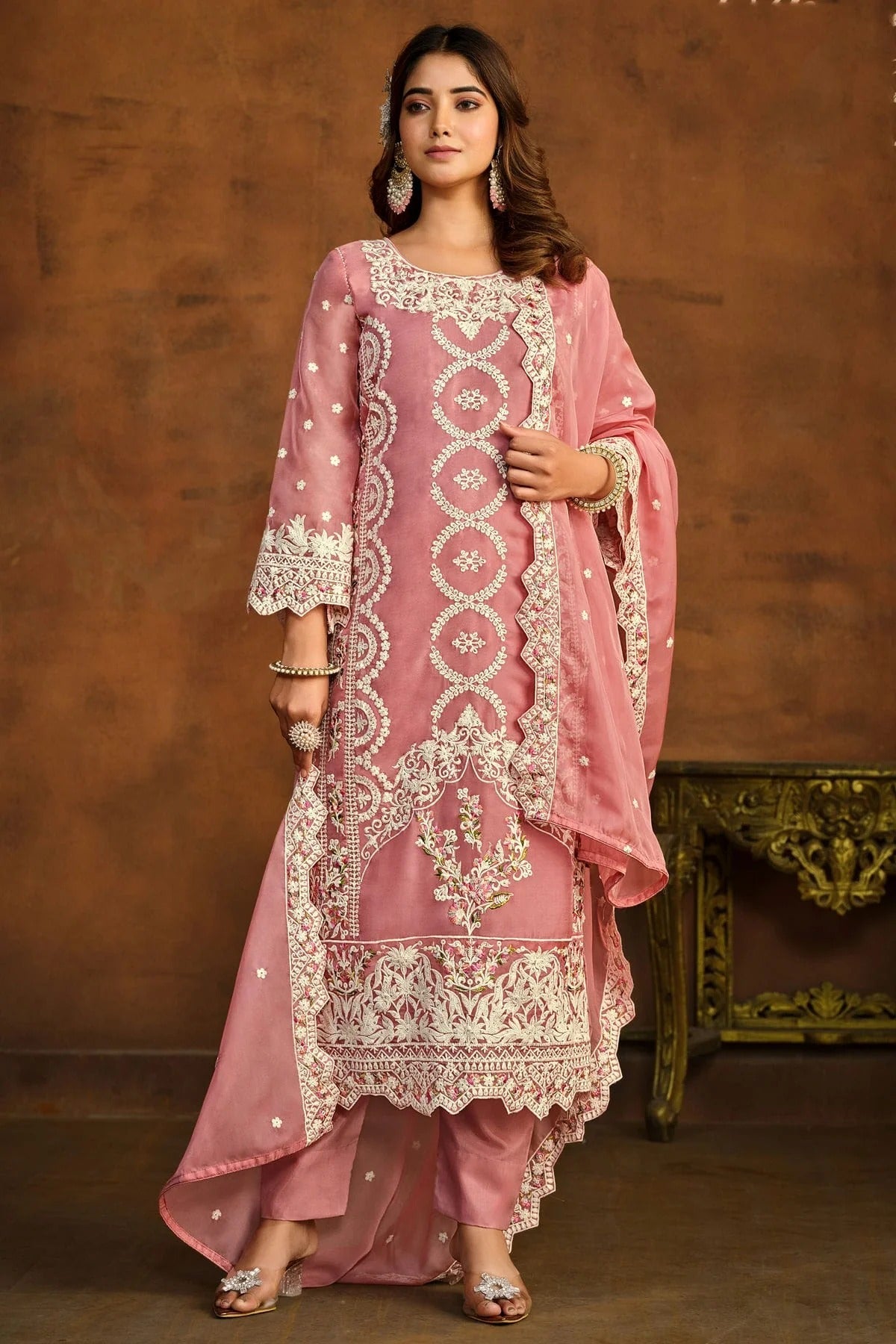 Baby Pink Colour Semi Stitched Organza Pant Style Suit SM1050435 A
