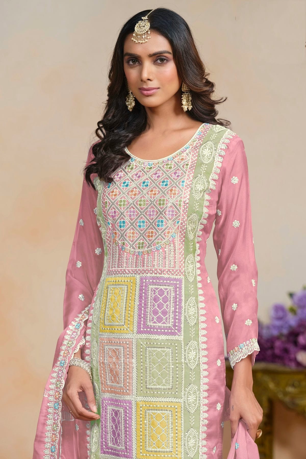 Baby Pink Colour Soft Organza Semi Stitched Pant Style Suit SM1050620 B