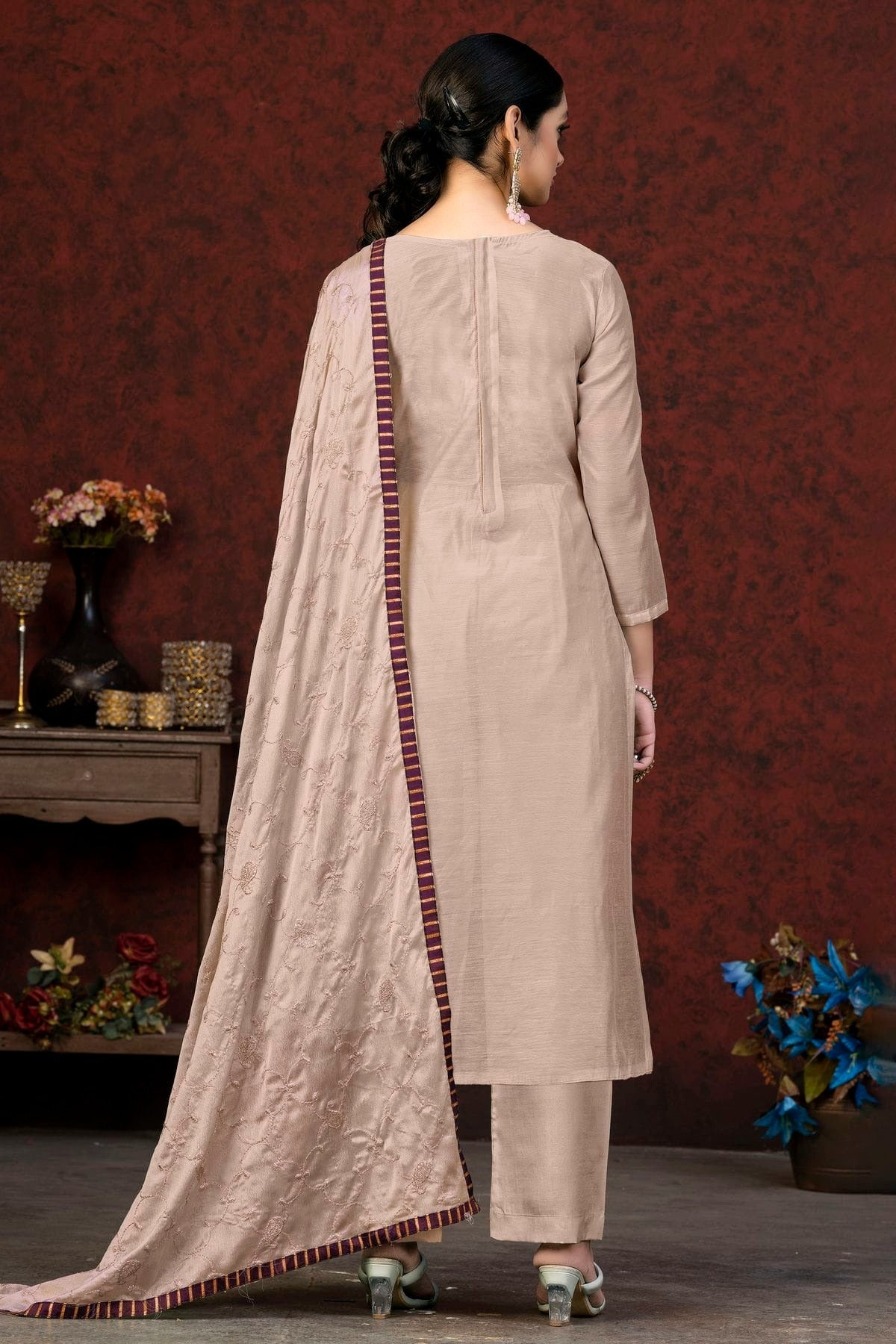 Baby Pink Colour Unstitched Modal Chanderi Fabric Straight Suit US1161058 A