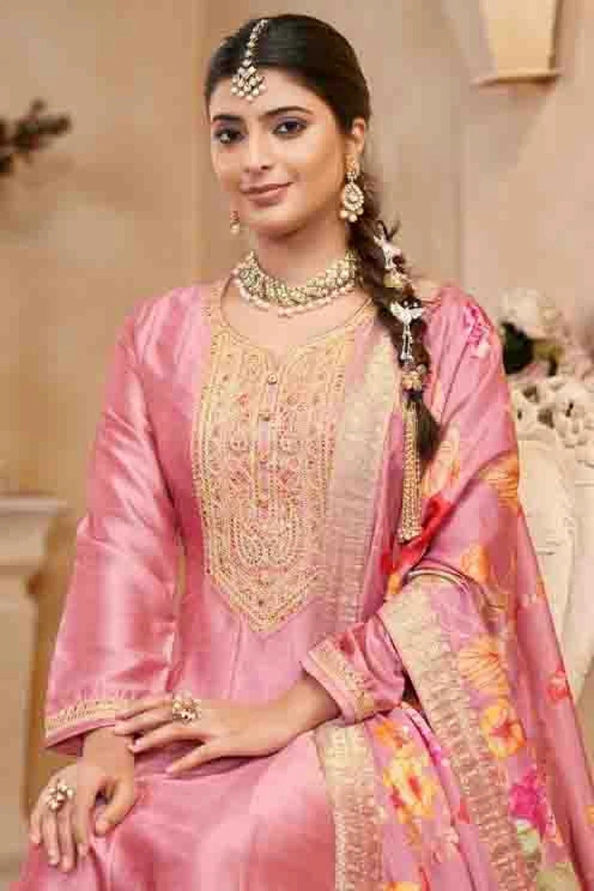 Baby Pink Colour Vichitra Silk Anarkali Suit SM1112947 A