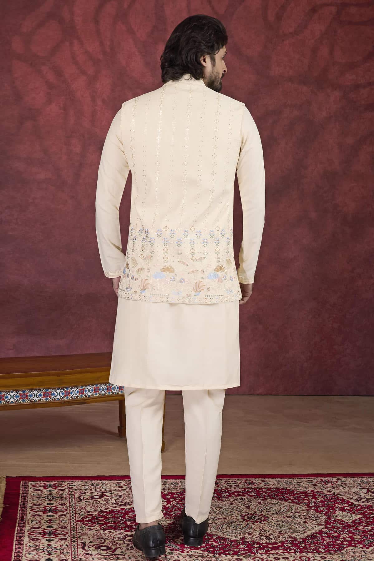 Beige Colour Art Silk Pintux Work Kurta Pajama With Jacket