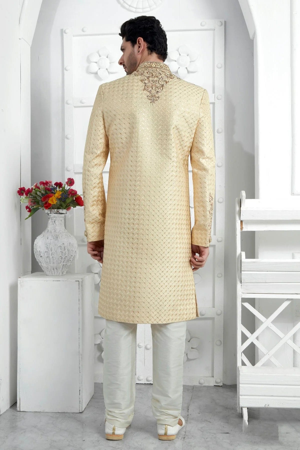 Beige Colour Art Silk Sherwani With Churidar Pant SH1230073 B