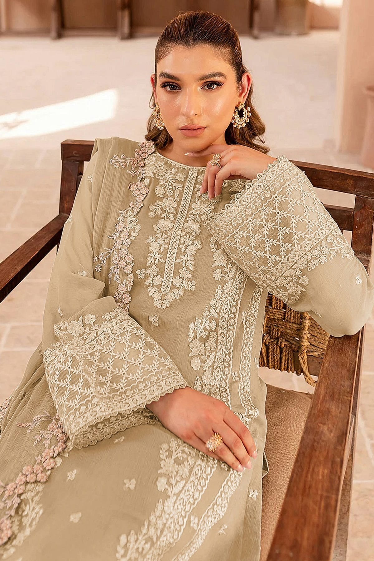 Beige Colour Faux Georgette Semi Stitched Pakistani Suit SM1140475 A