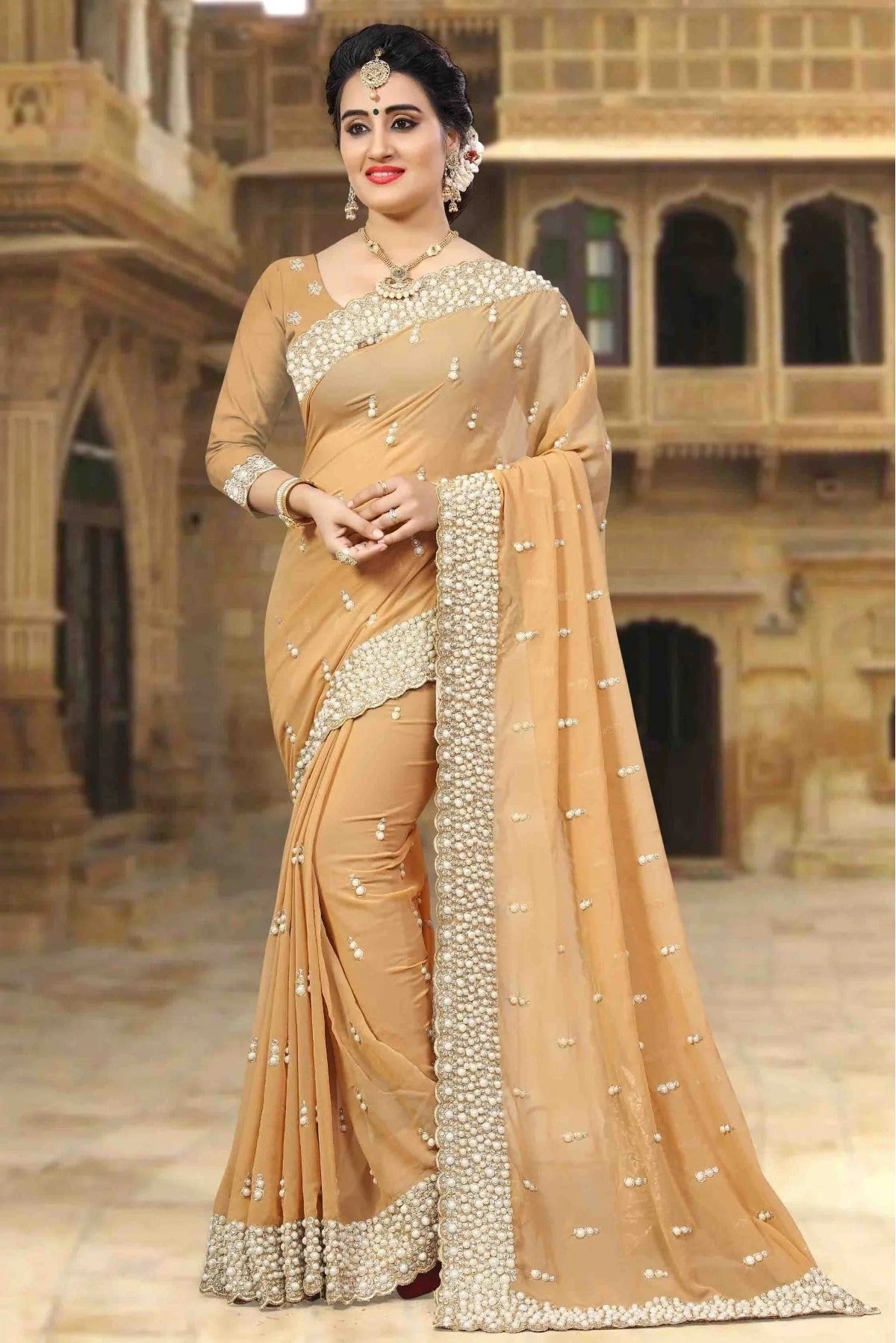 Beige Colour Georgette Designer Saree SD1090014