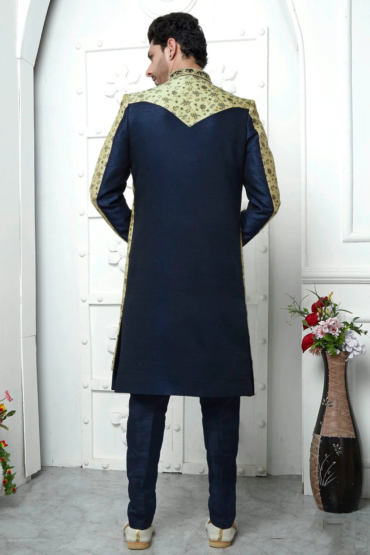 Beige Colour Jacquard Silk Indowestern Sherwani With Aligadhi Pant SH1230044 B