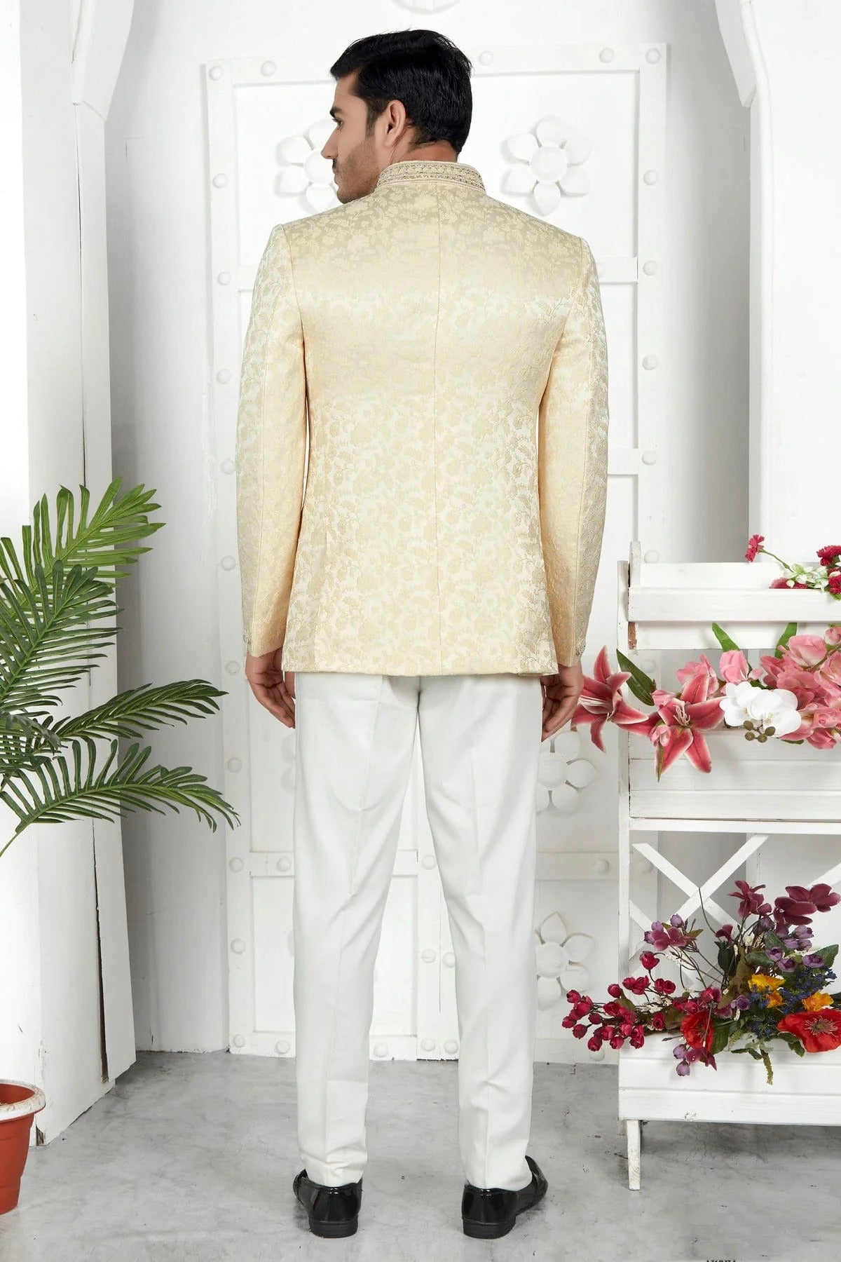 Beige Colour Jacquard Silk Jodhpuri Jacket JP1230106 B