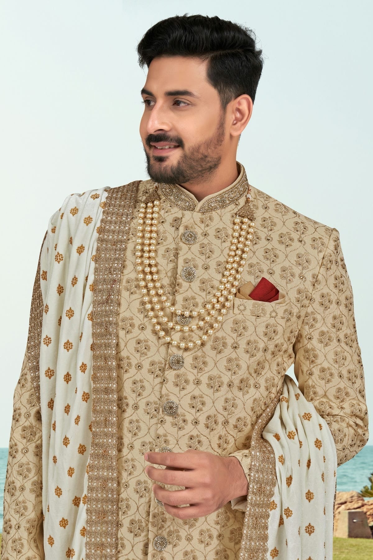 Beige Colour Kora Shine Silk Indo Western Sherwani SH1040510 A