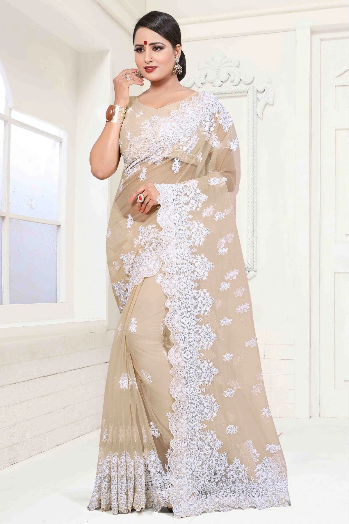 Beige Colour Net Designer Saree SD1090048