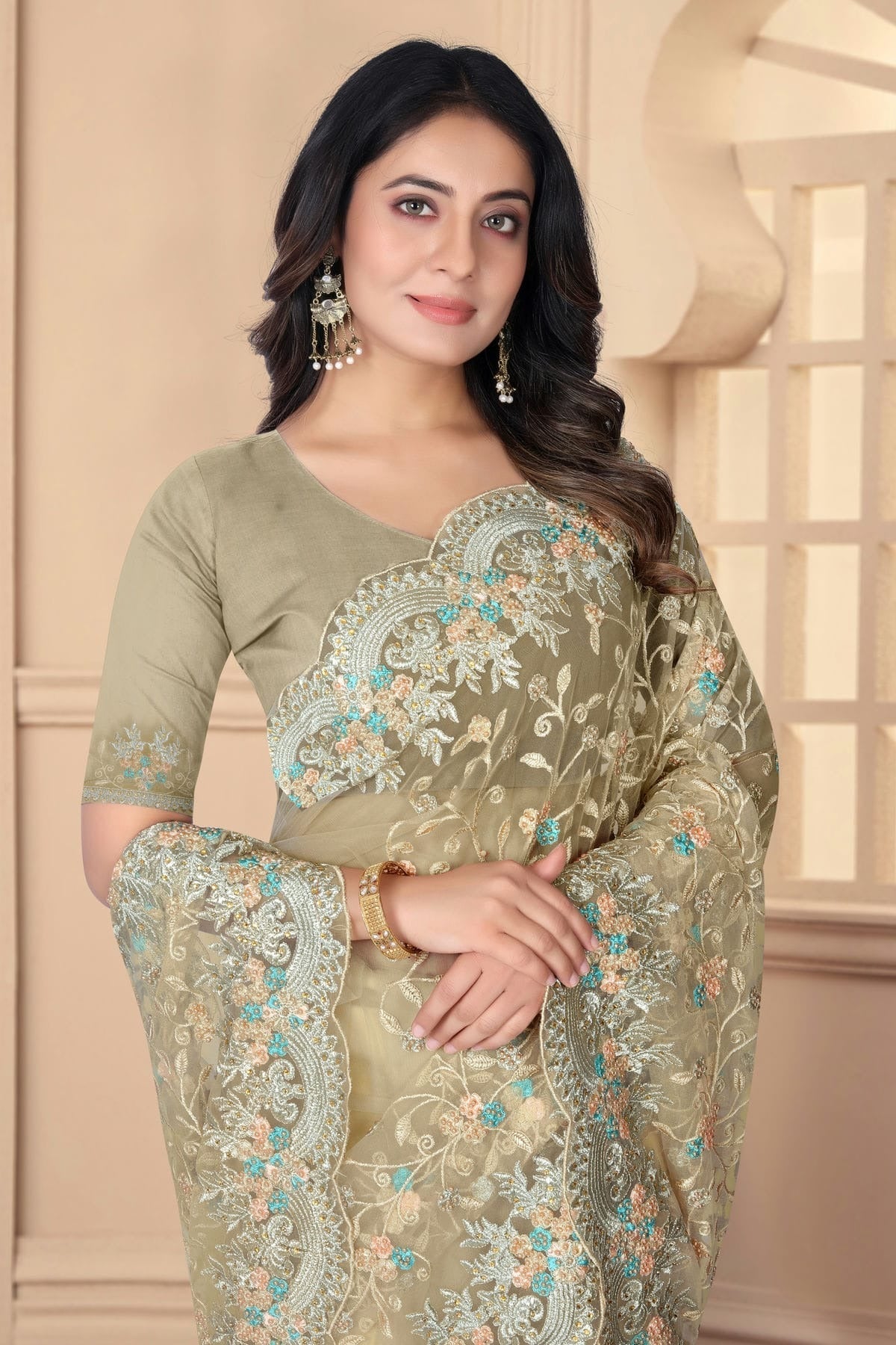 Beige Colour Net Designer Saree SD1091084 A