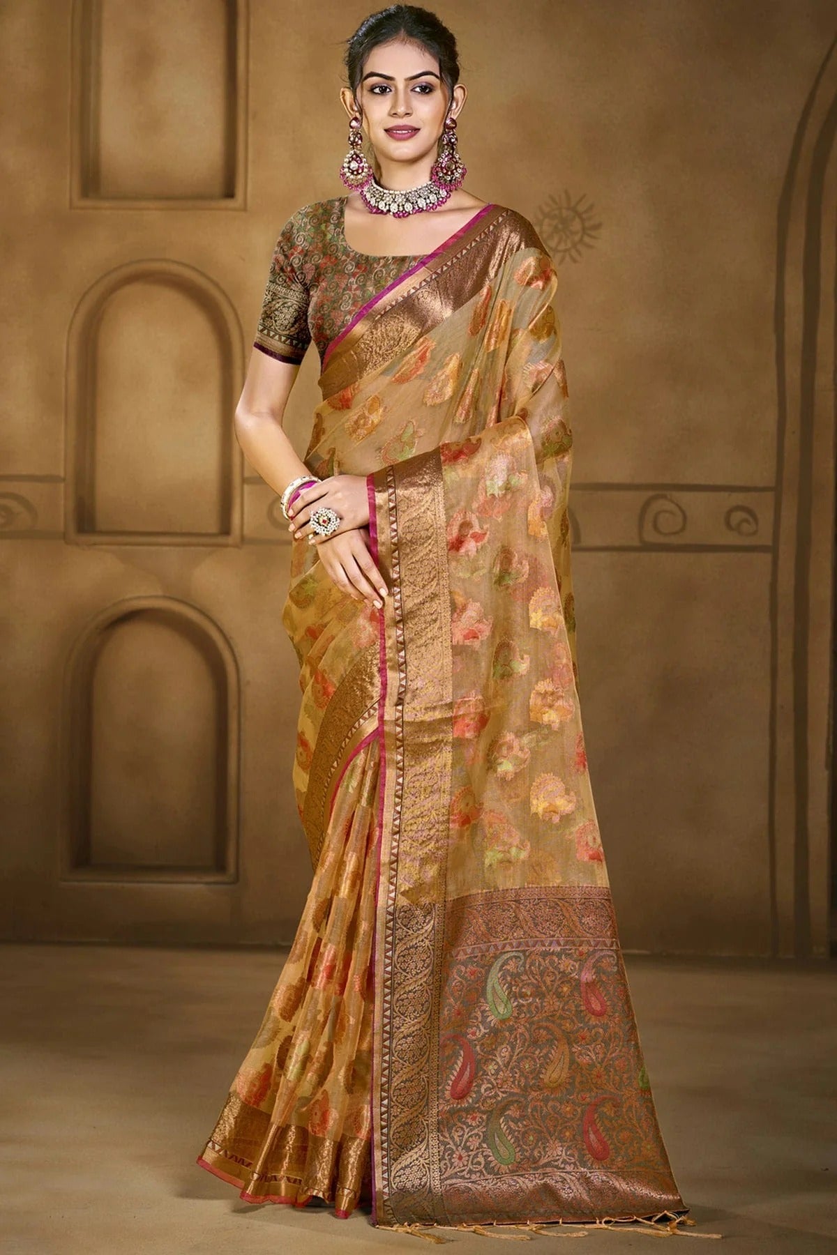 Beige Colour Organza Woven Work Traditional Saree SD1102882