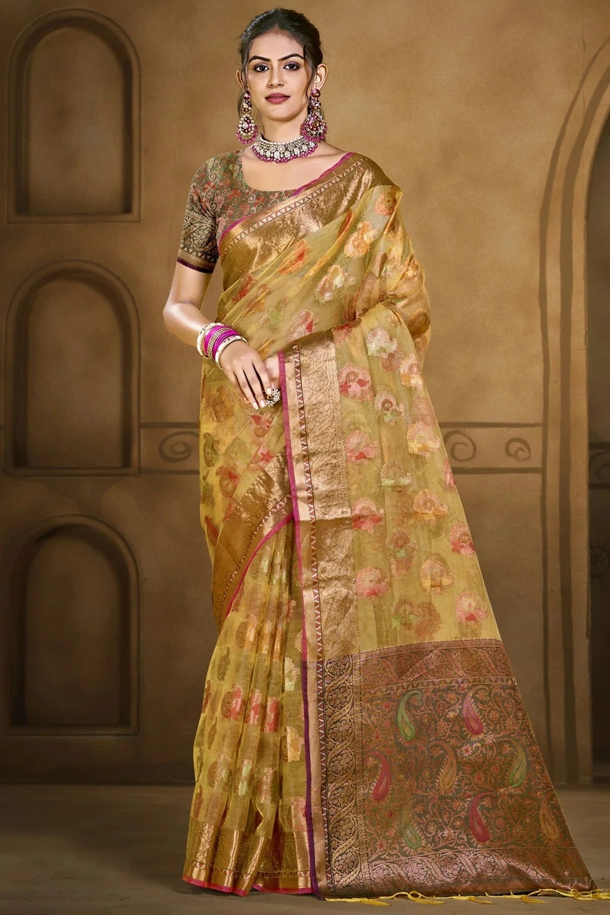 Beige Colour Organza Woven Work Traditional Saree SD1102884