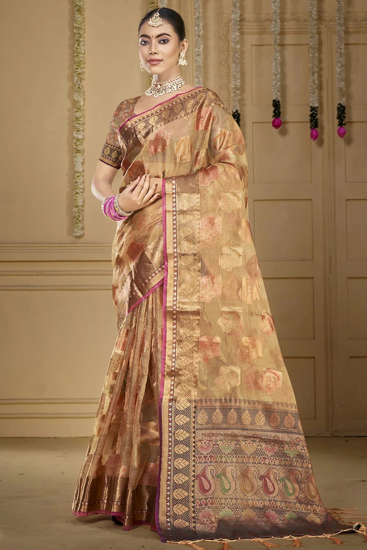 Beige Colour Organza Woven Work Traditional Saree SD1102918