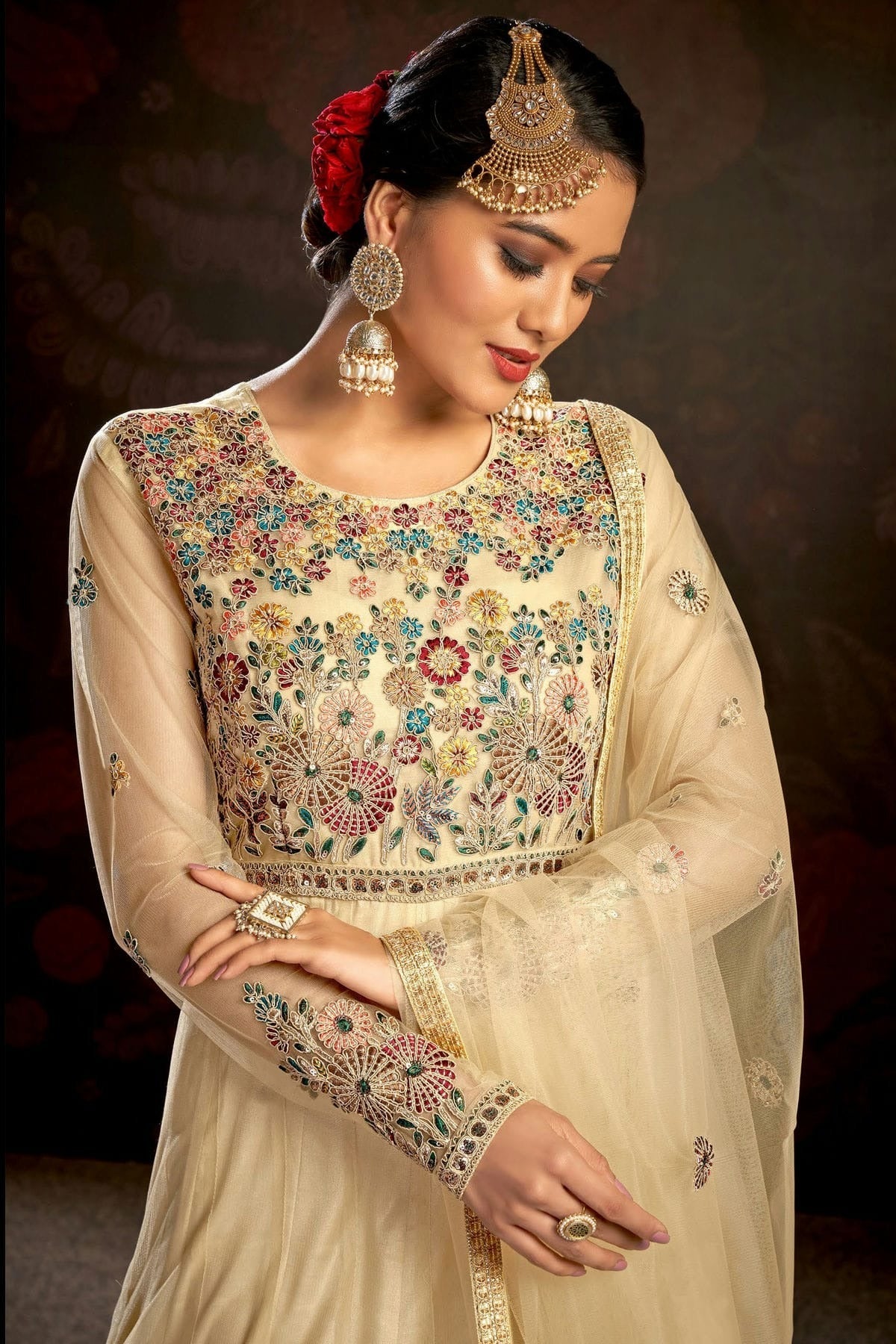Beige Colour Semi Stitched Butterfly Net Anarkali Suit SM1140149 A