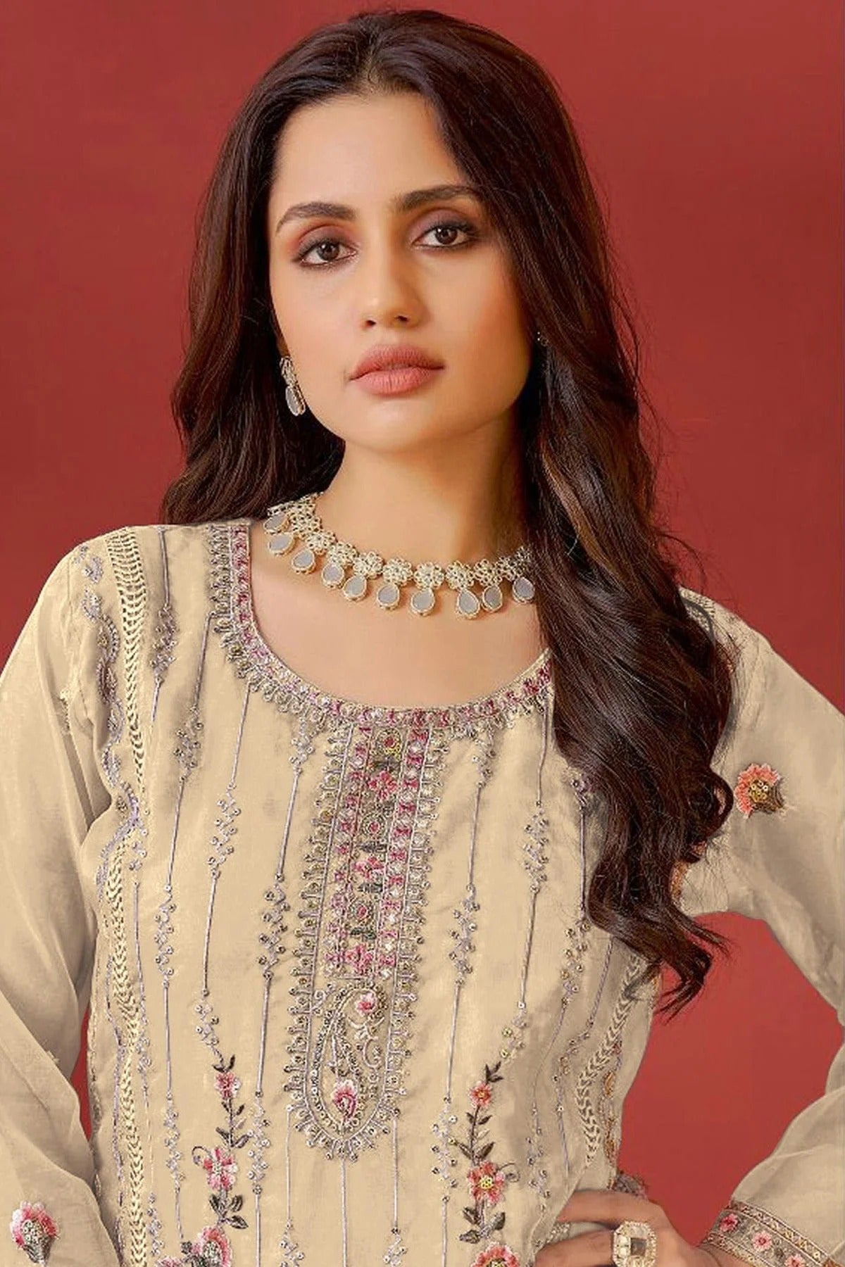 Beige Colour Semi Stitched Organza Pakistani Suit SM1140171 A
