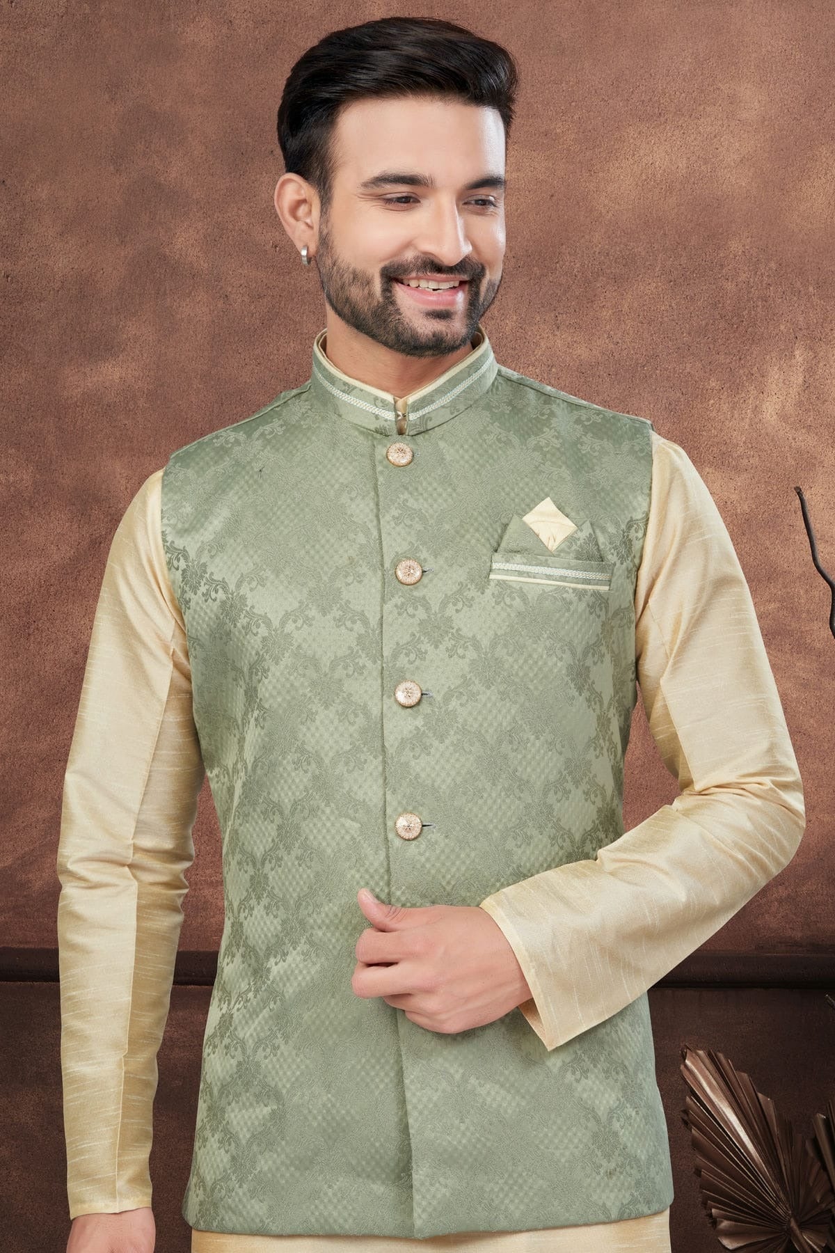 Beige Colour Silk Dupion Jacket Kurta Pajama KP1040655 A