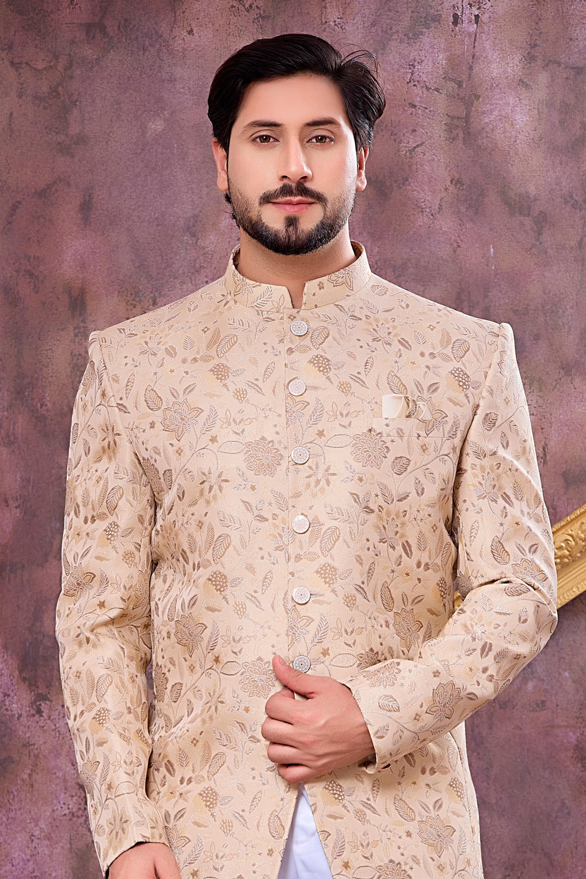 Beige Colour Thread Work Embroidery Imported Fabric Jodhpuri