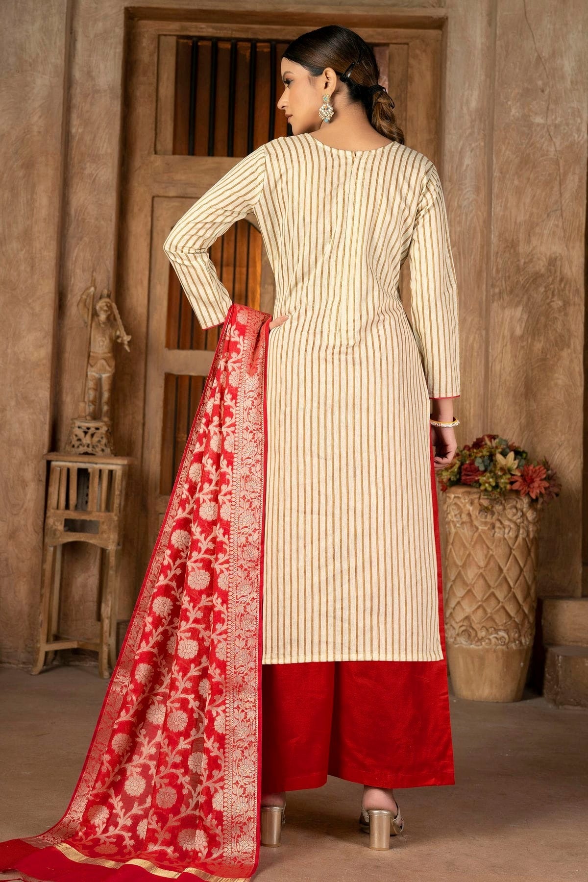 Beige Colour Unstitched Cambric Cotton Palazoo Pant Suit US1161290 A
