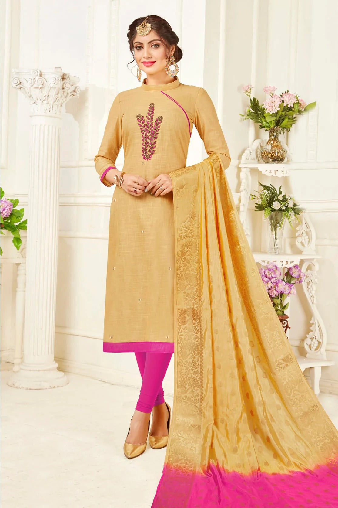 Beige Colour Unstitched South Slub Cotton Straight Suit US1161154