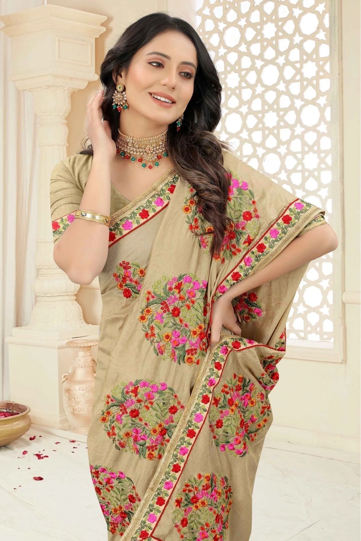 Beige Colour Vichitra Silk Embroidery Saree SD1120965 A