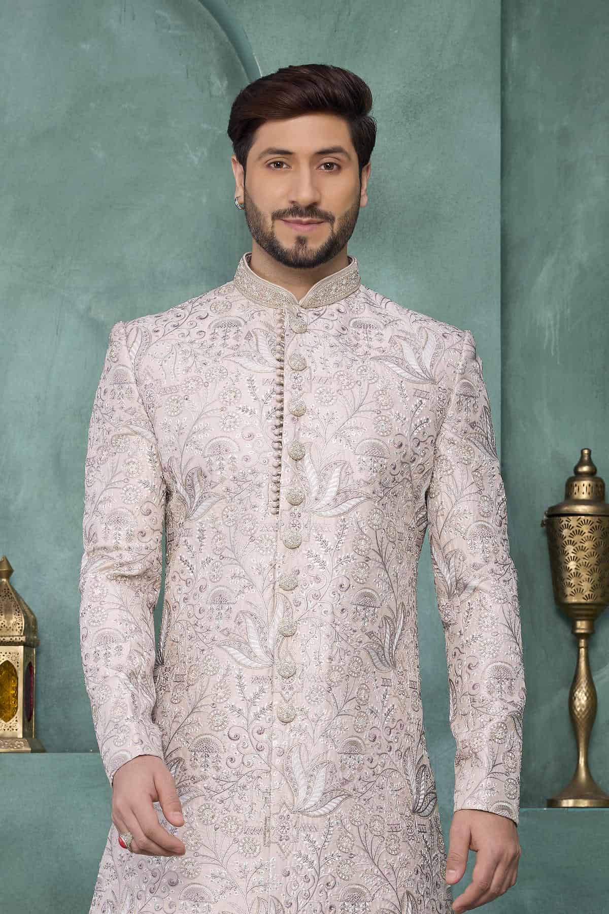 Beige Cream Colour Art Silk Embroidery Work Sherwani