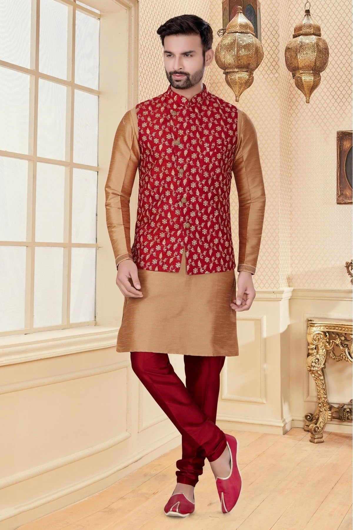 Beige and Maroon Colour Kurta Pajama With Jacket In Silk Dupion Fabric KP1040178