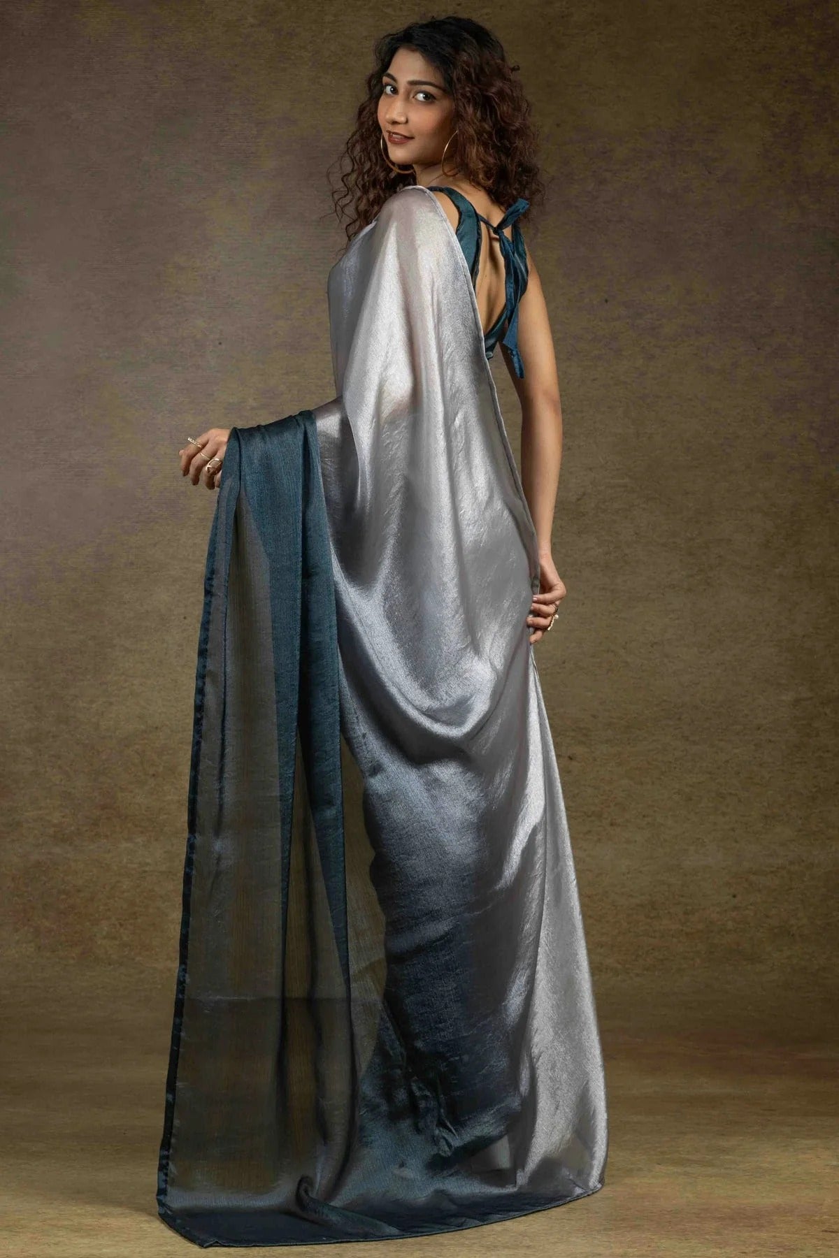 Beige and Teal Colour Fendi Satin Silk Ready To Wear Saree SD1122015 A